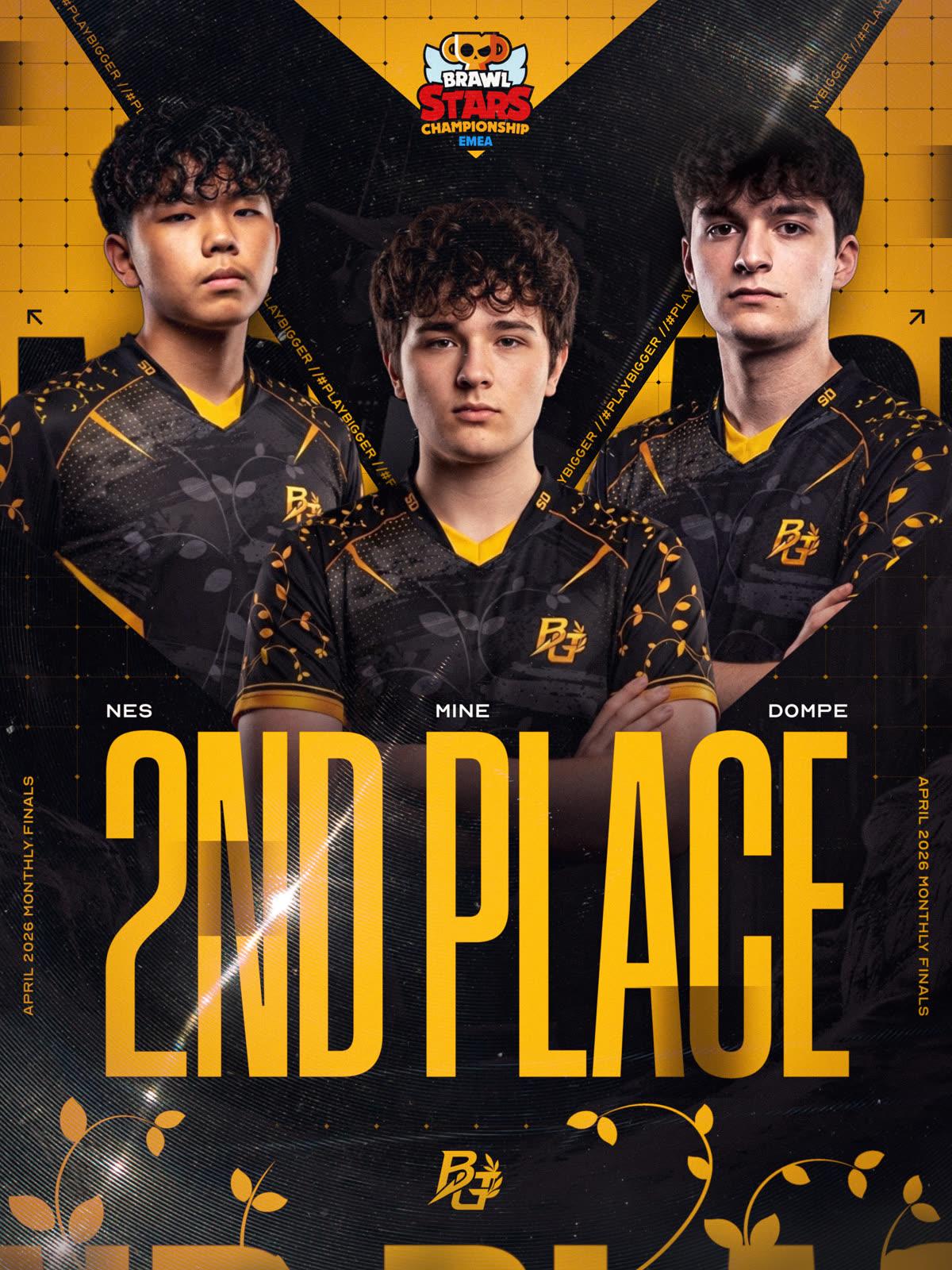 2ND PLACE graphic: Nes, Mine and Dompe above the April 2026 Monthly Finals result